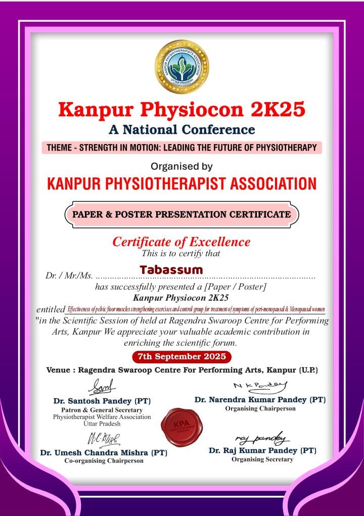 फिजियोथैरेपिस्ट कान्फ्रेंस में रिसर्च पेपर के लिए हुआ डॉ तबस्सुम का सम्मान